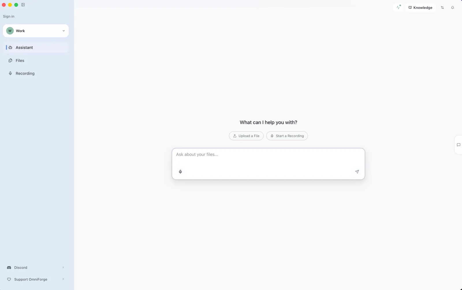 OmniForge Assistant with the conversation list and question composer visible.