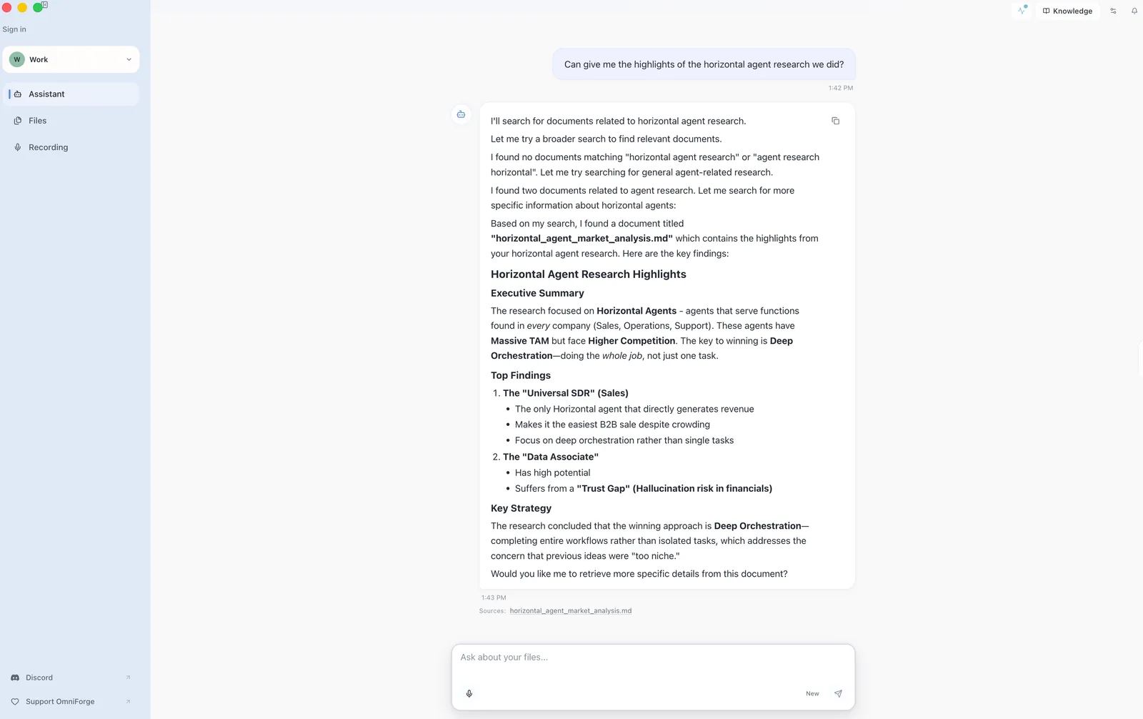 OmniForge Assistant answer with citations and source links visible below the response.