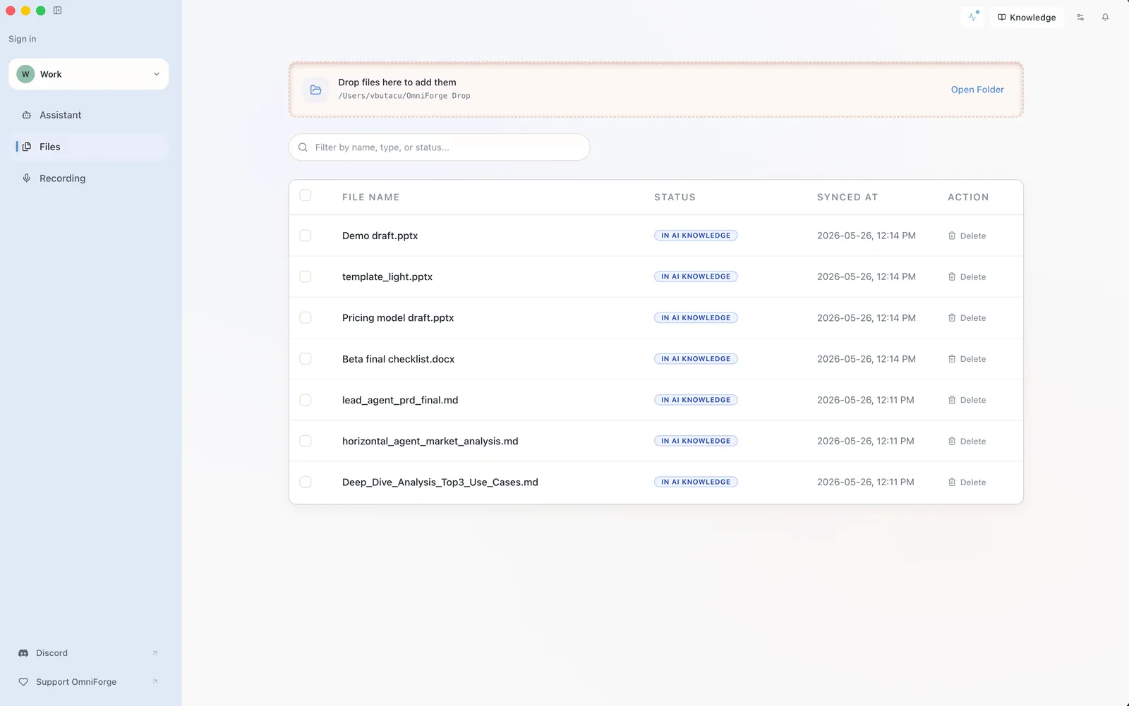 OmniForge Knowledge page showing the drop folder area and files table.