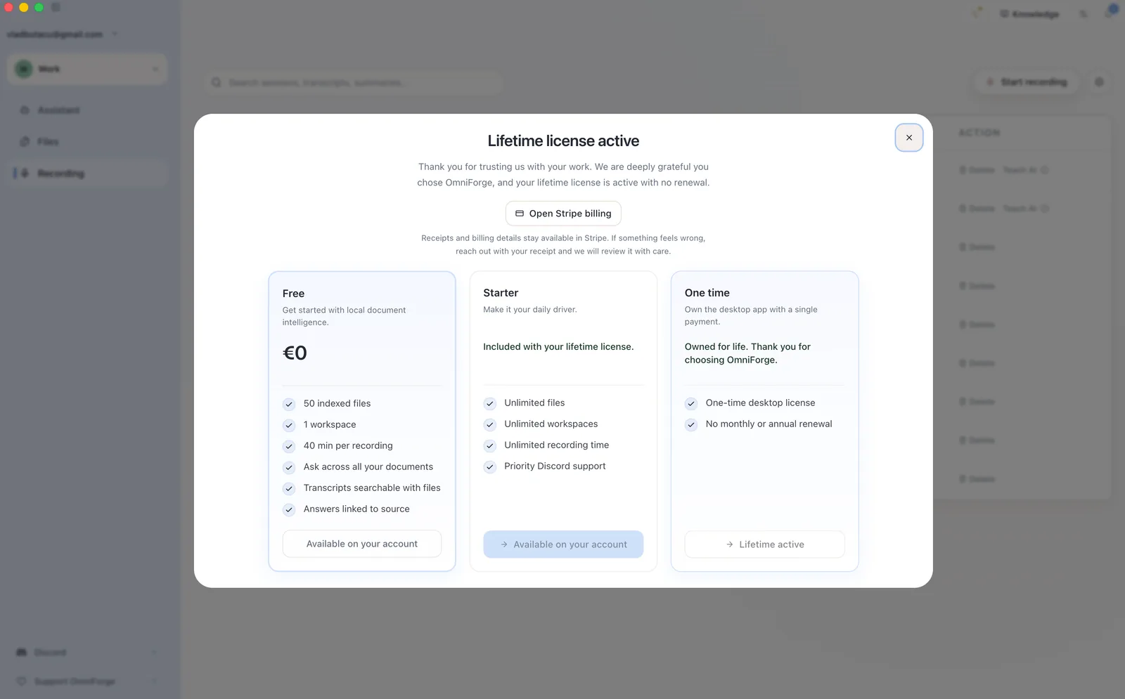 OmniForge plan selection view showing Free, Starter, and one-time plan options.