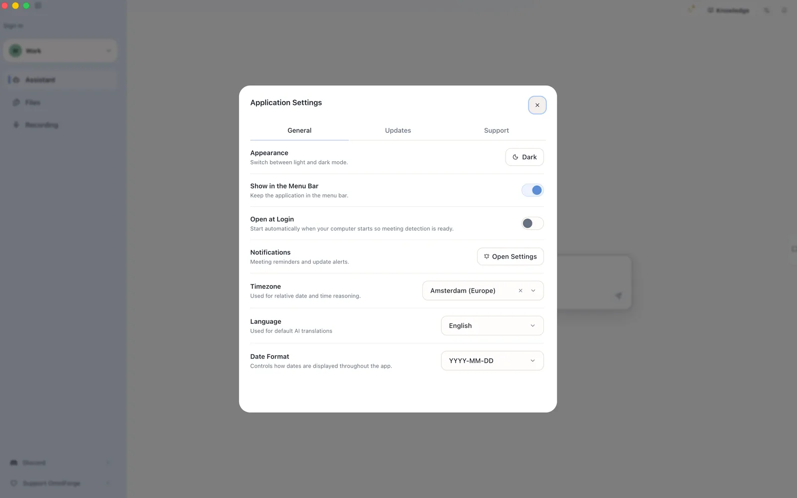 OmniForge application settings dialog with appearance, language, timezone, updates, and support sections.