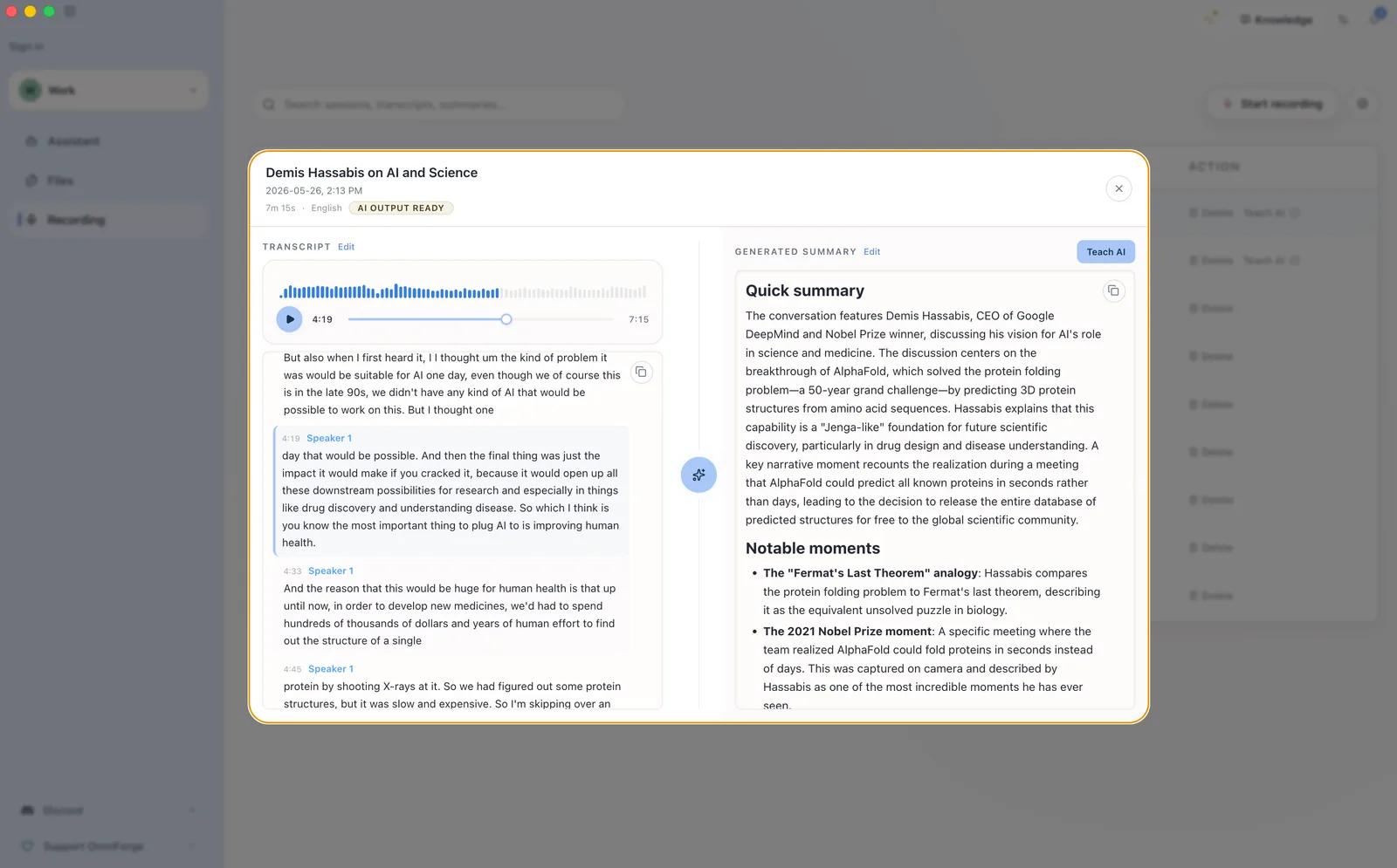 OmniForge transcript detail view with transcript editing and add-to-knowledge actions.