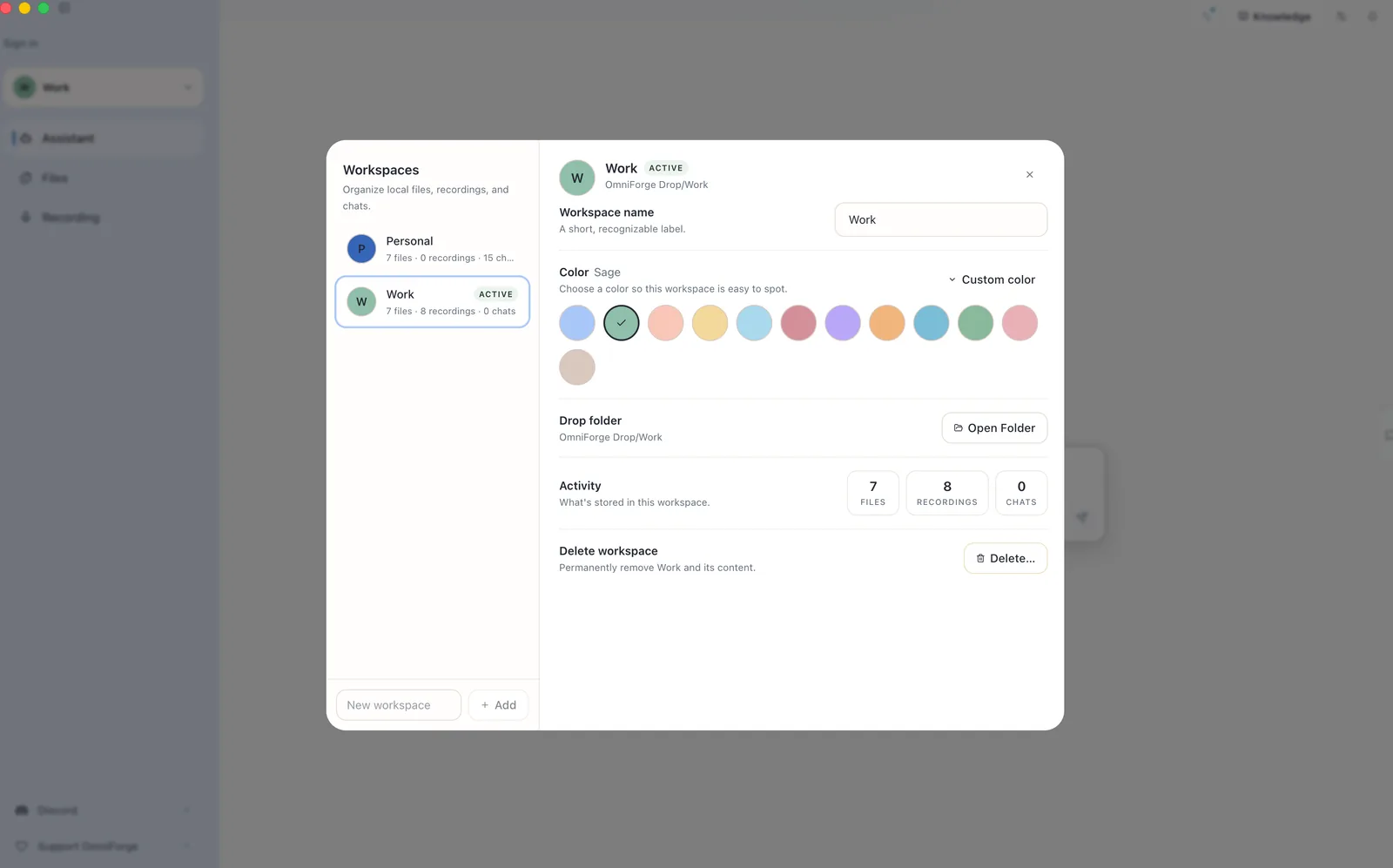 OmniForge workspace switcher showing the option to create or choose a workspace.